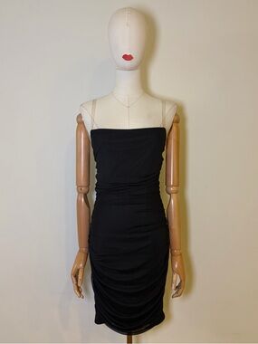 Fashion Nova Black Ruched Mini Dress with Clear Straps - Size M NWT